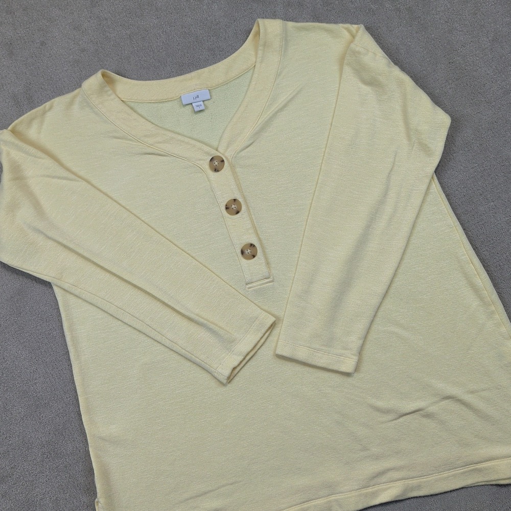 J. Jill Henley Top Size L Women Yellow Long Sleeve V-Neck French Terry Button